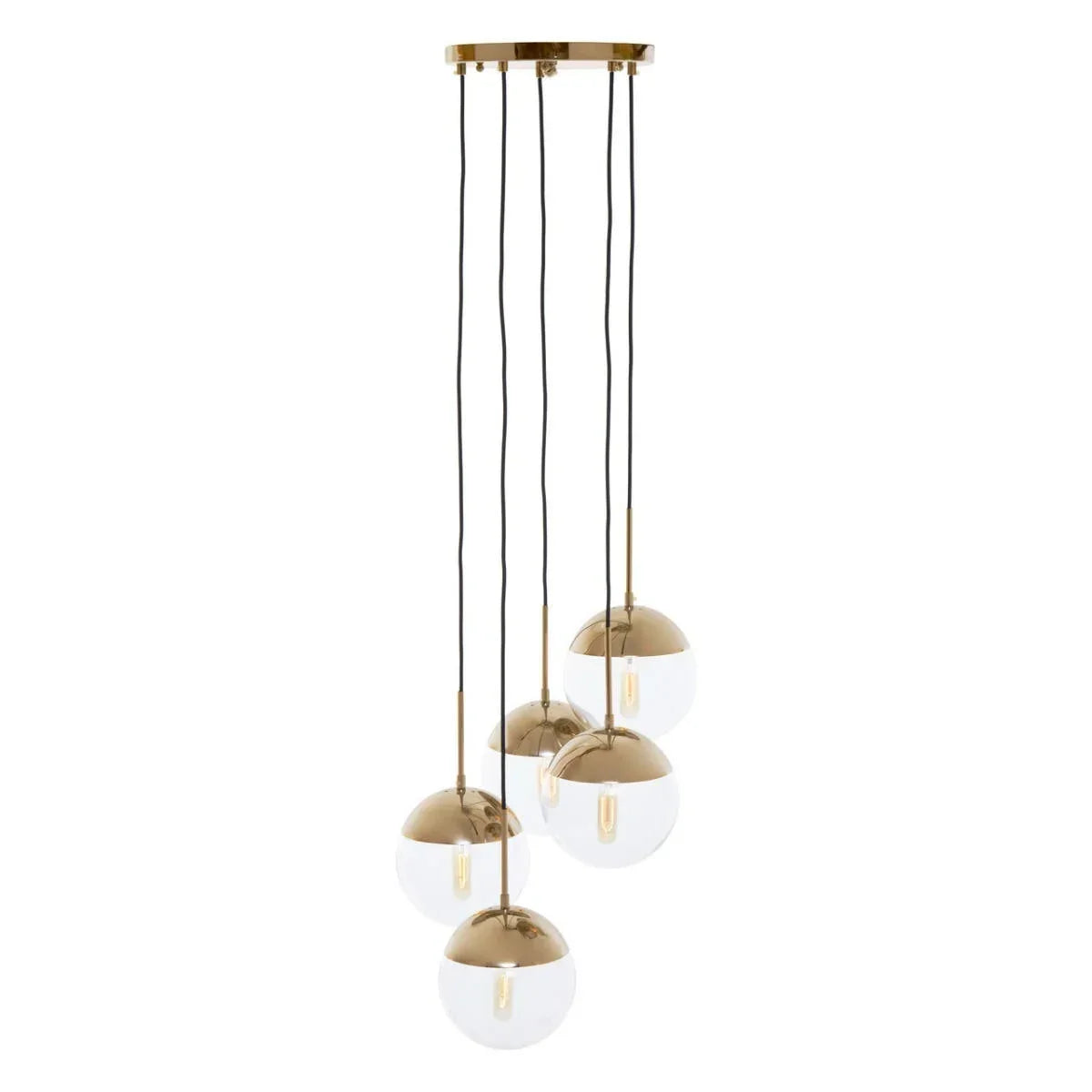 Gold and glass pendant light fixture with five hanging globe lights