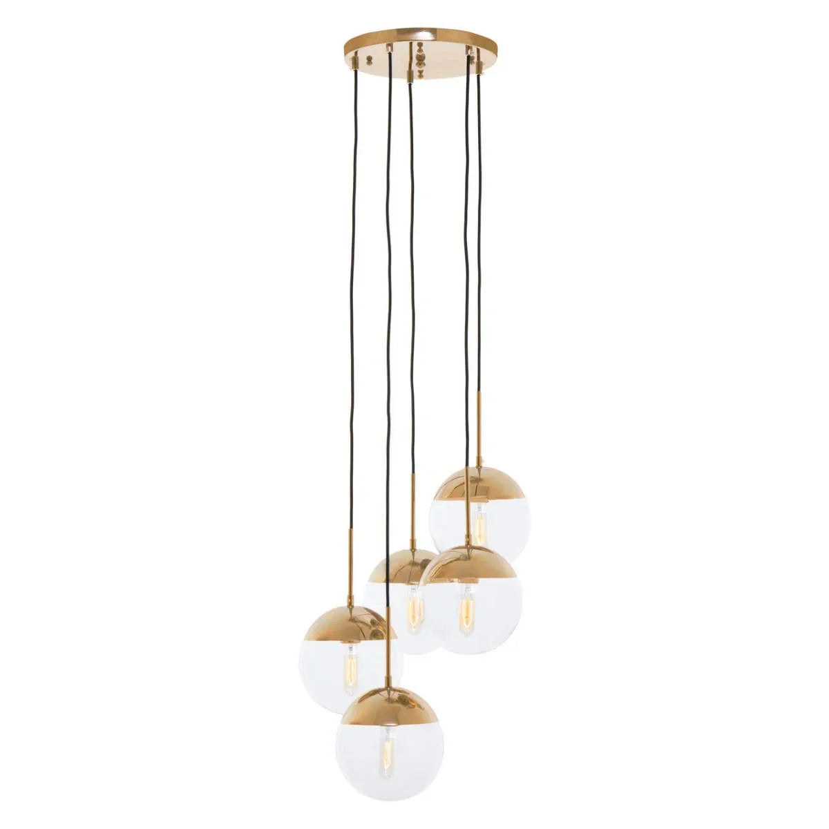 Gold and glass pendant ceiling light with four spherical shades and black suspension cords