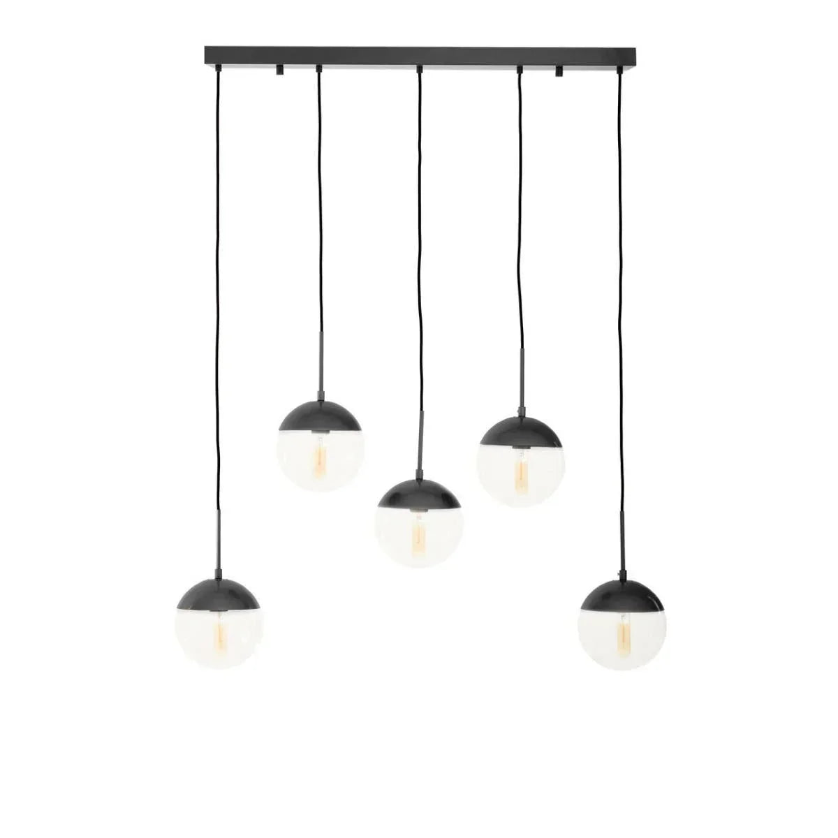 Black and white five globe pendant light with round glass shades and black cords