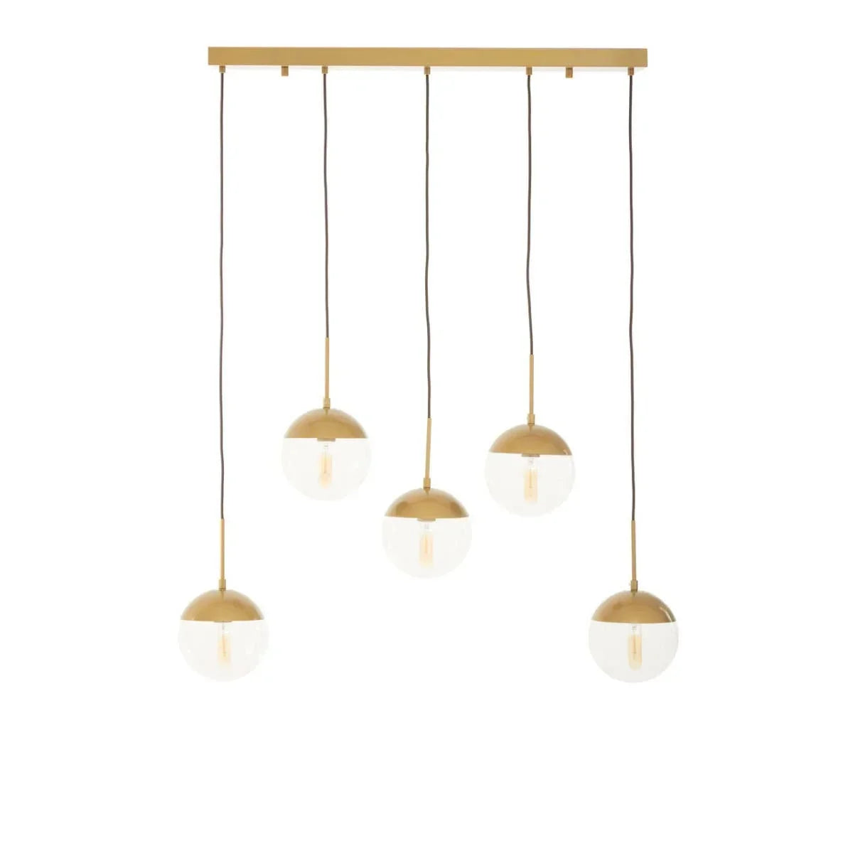 Gold and glass pendant light fixture with five hanging globe lamps