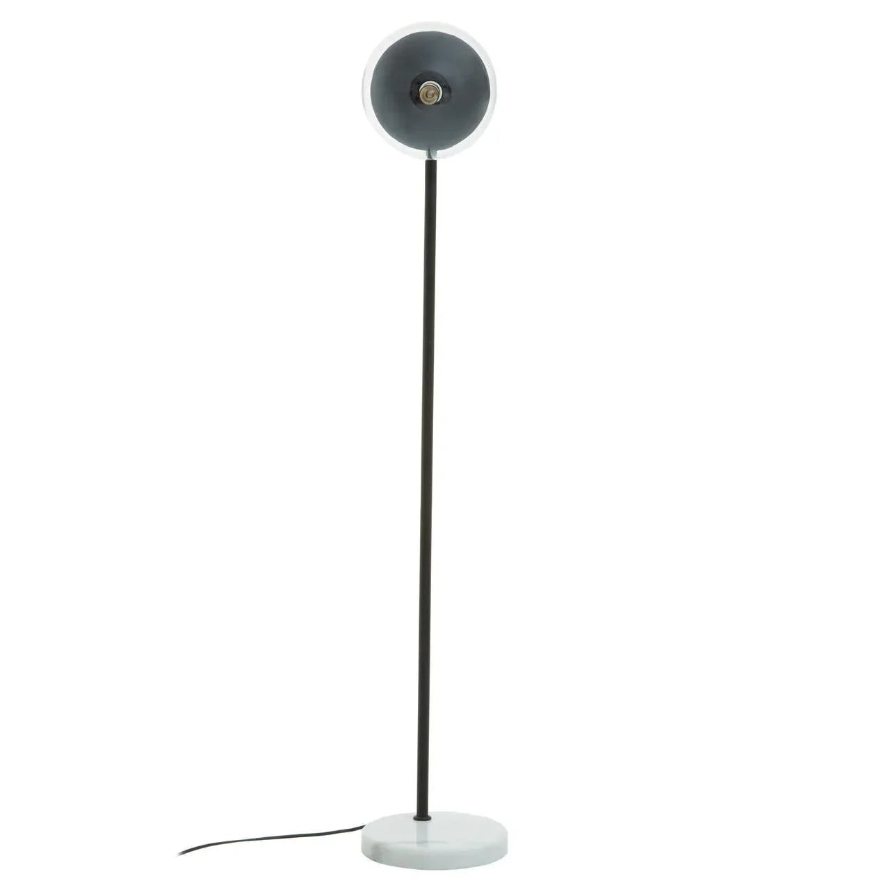 Black floor lamp with round grey shade and white marble base on white background