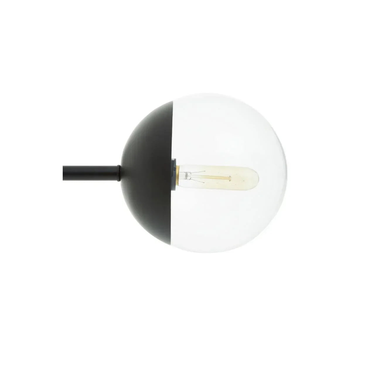 Modern wall light with clear glass globe shade and black metal fitting, side view