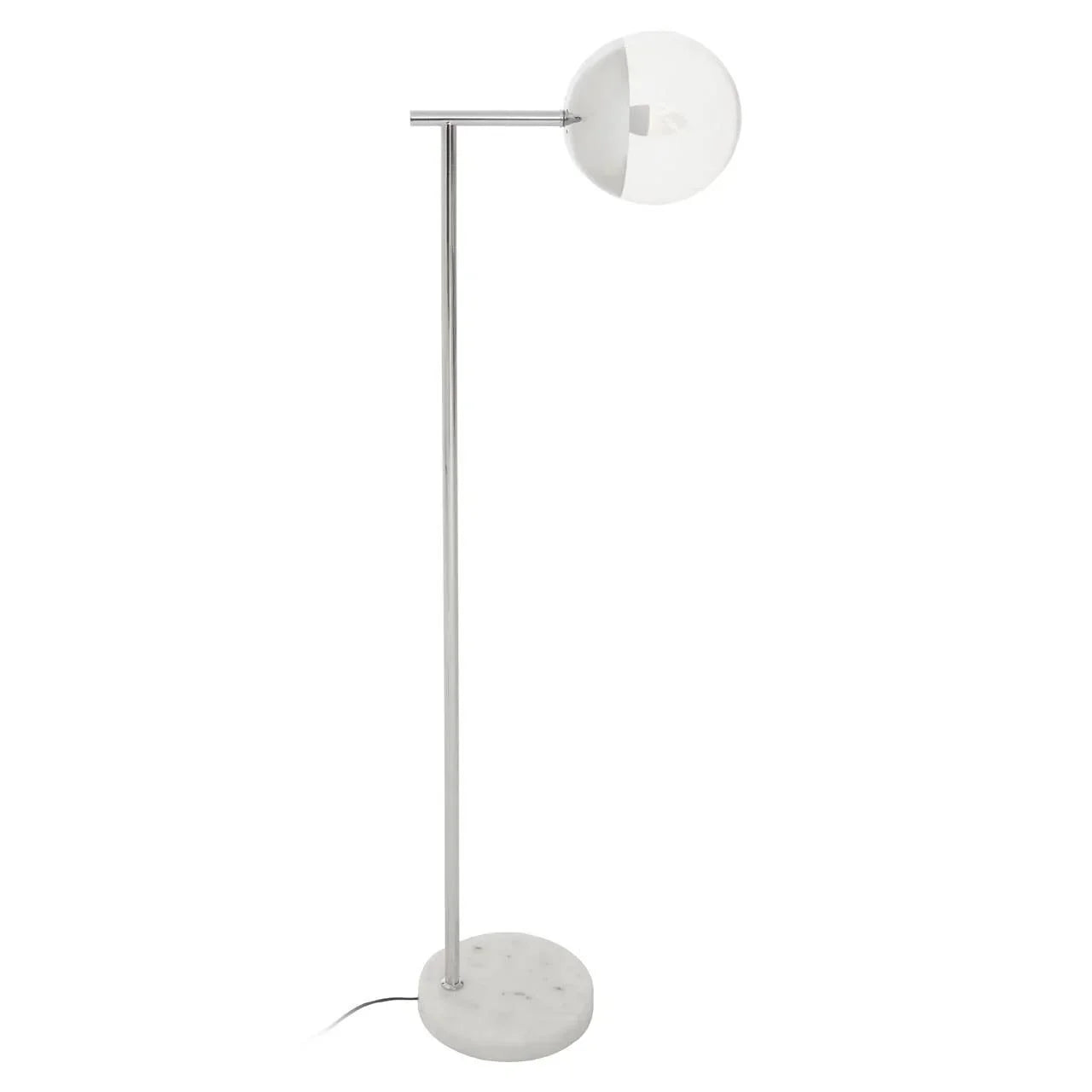 Modern floor lamp with chrome stand, round glass shade, and white marble base