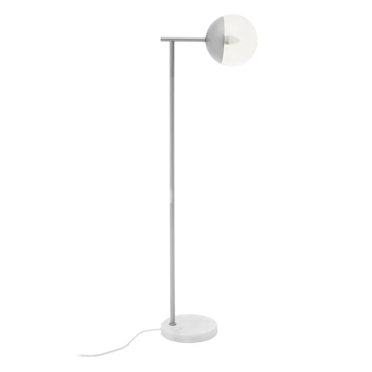 Modern floor lamp with spherical white shade and slim metal stand on round marble base