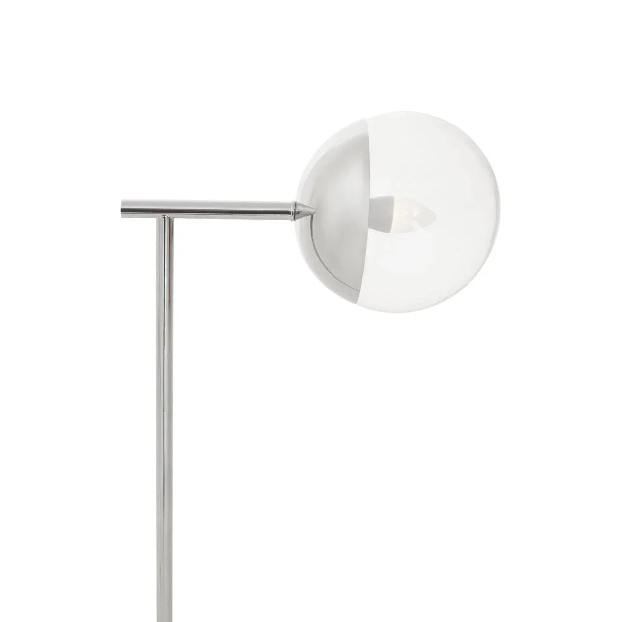 Modern floor lamp with spherical clear glass shade and chrome metal frame