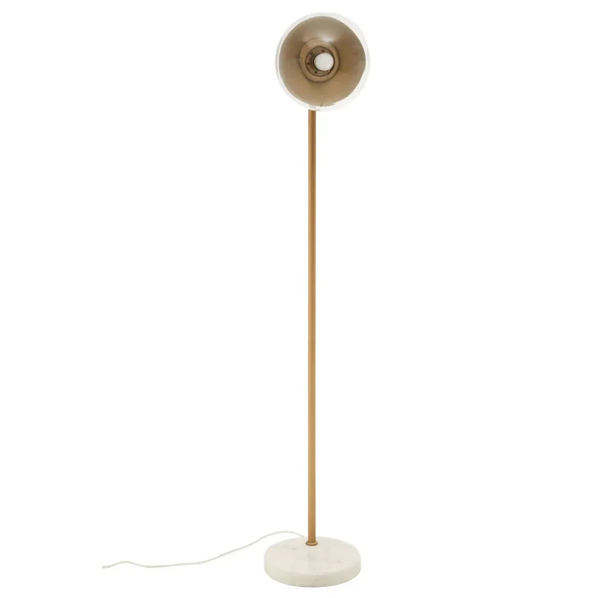 Modern floor lamp with gold stem, round marble base, and metallic dome shade
