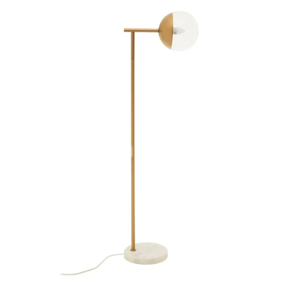 Modern gold floor lamp with marble base and glass globe shade, shown on white background