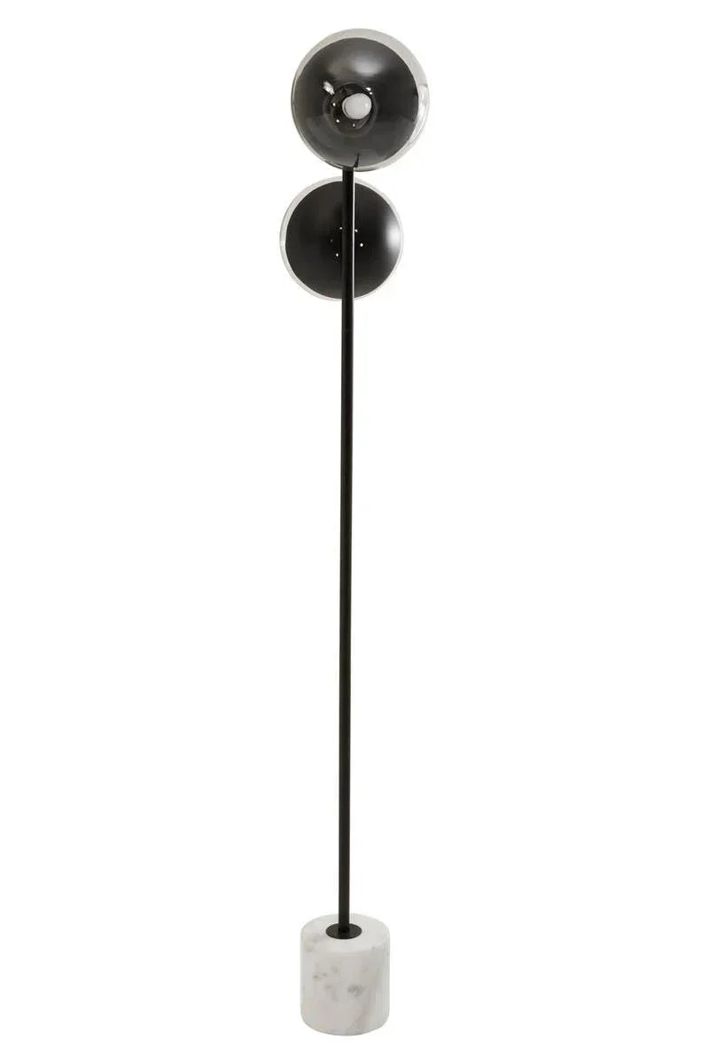 Black floor lamp with marble base and two round smoked glass shades