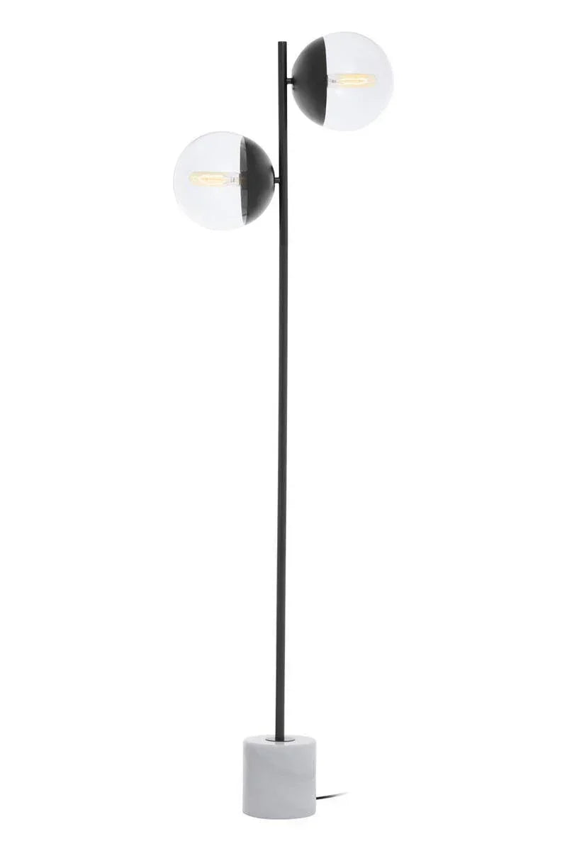 Black and glass floor lamp with double globe lights and marble base on white background