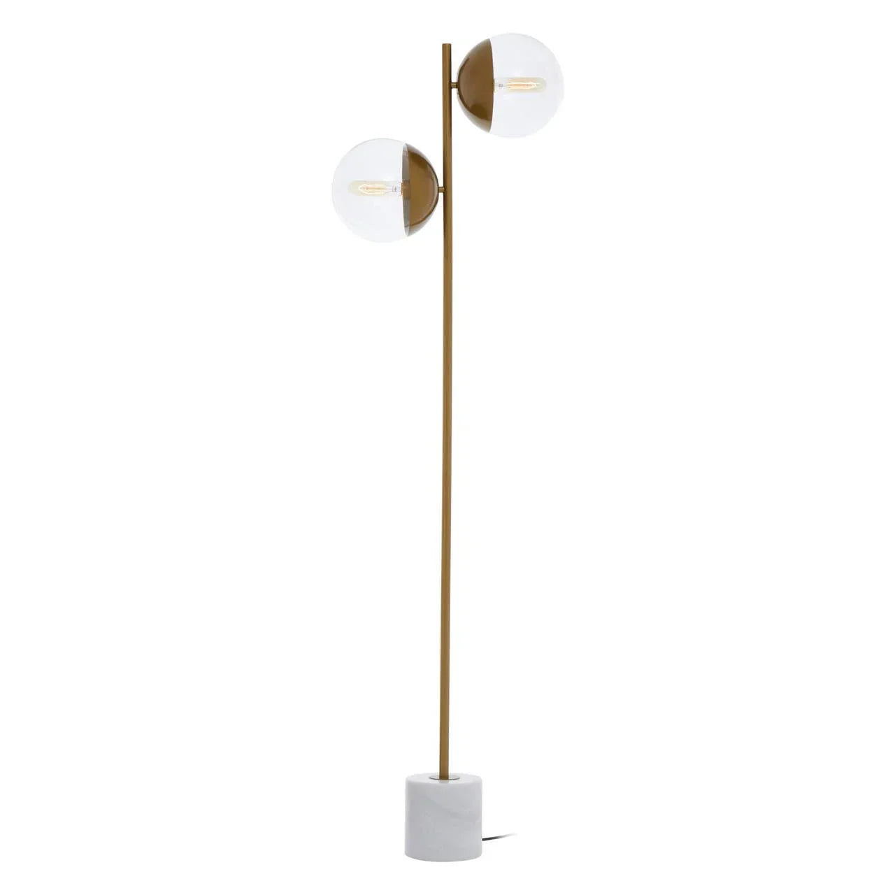 Modern floor lamp with gold stand, twin glass globe shades, and white marble base