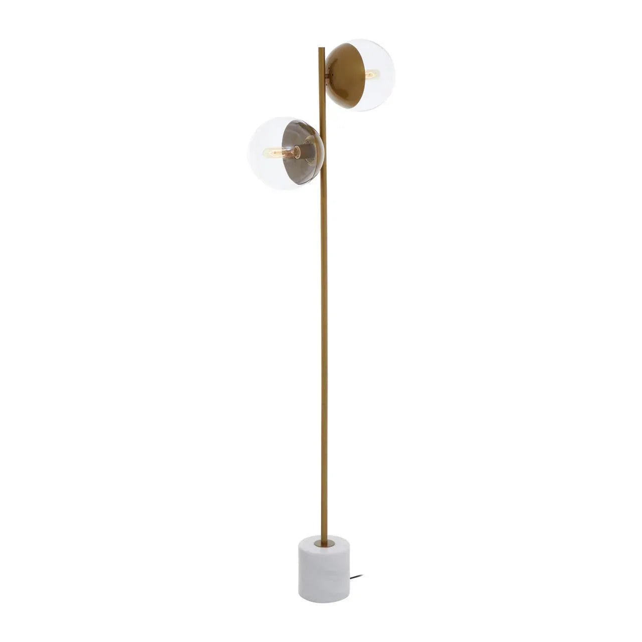Modern floor lamp with gold metal stand, glass globe shades and white marble base