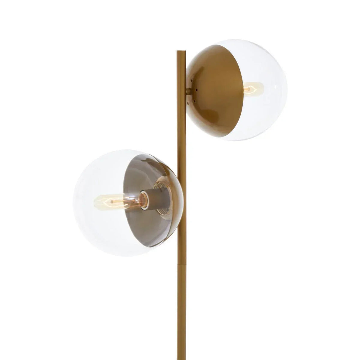 Modern floor lamp with two round glass shades and gold metal frame