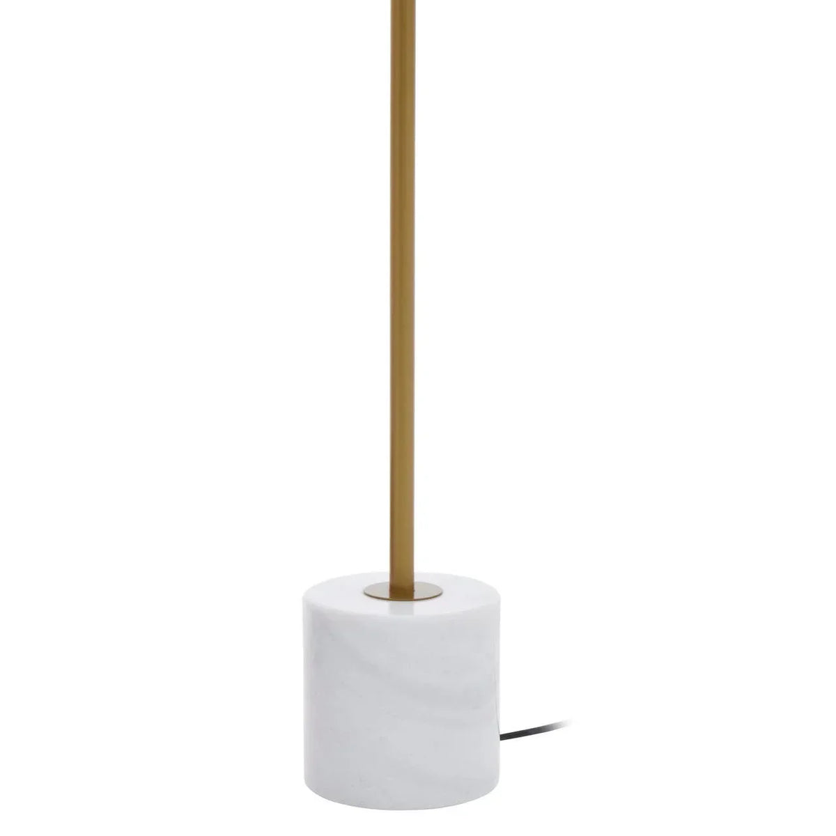 Table lamp with gold metal stem and white marble base on white background