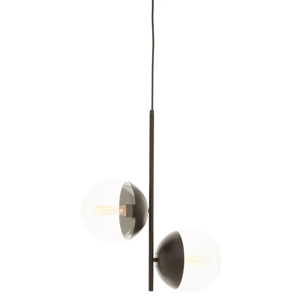 Modern pendant light with two glass globe shades and black metal rod