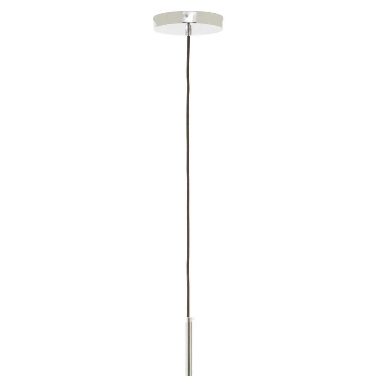 Ceiling pendant light with chrome canopy and black cord, close-up view