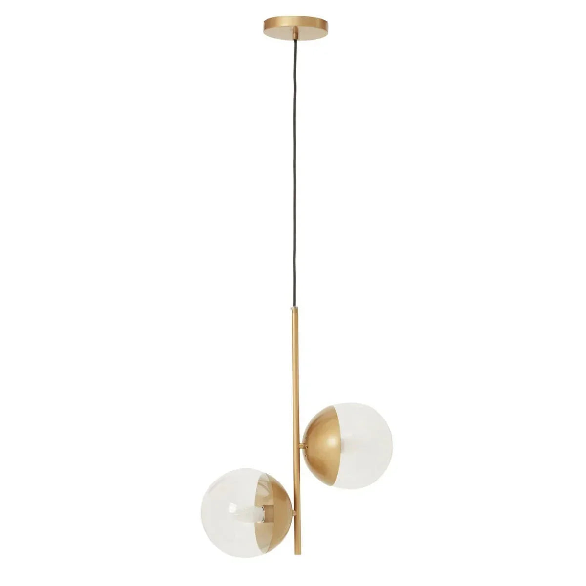 Gold pendant light with two glass globe shades suspended from ceiling mount