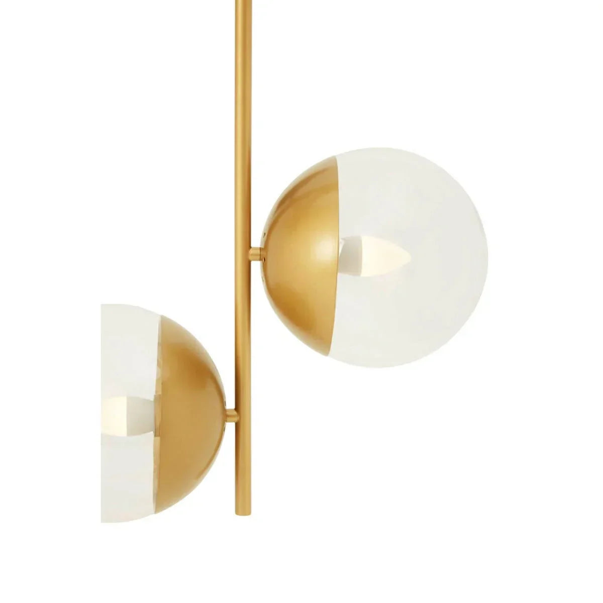 Modern gold and glass pendant light with two spherical lamps on vertical rod