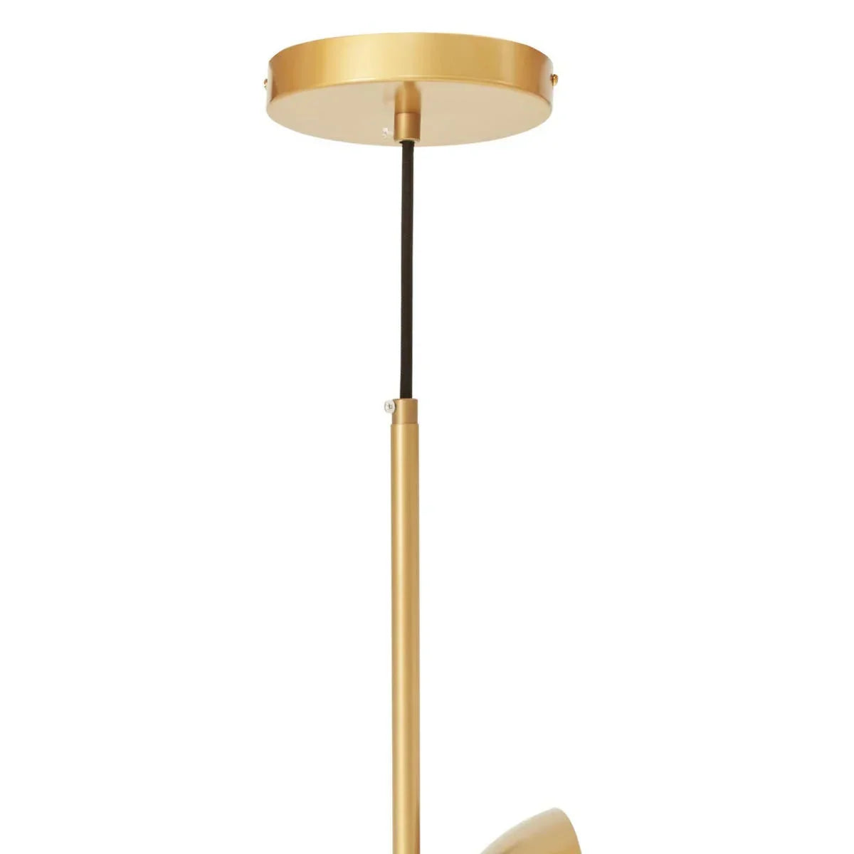 Gold pendant light ceiling rose and rod detail with black cable