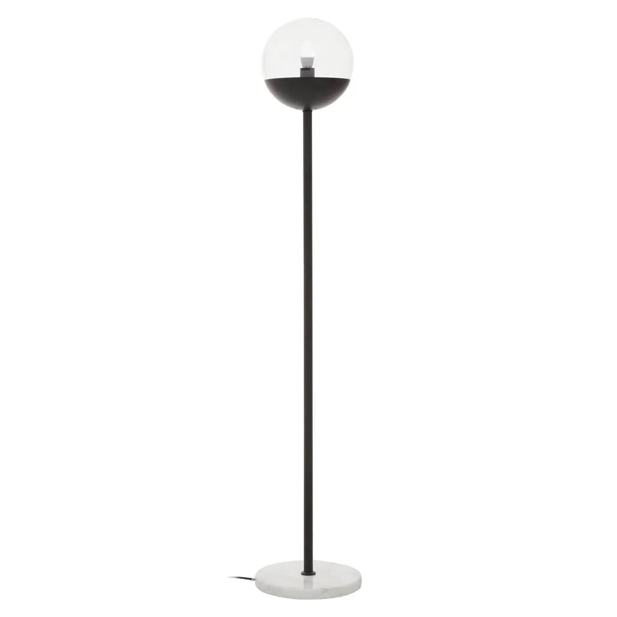 Black floor lamp with clear glass globe shade, black half-dome cap, round marble base