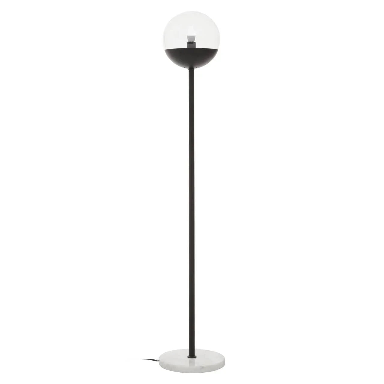 Modern floor lamp with black pole, glass globe shade, and round marble base