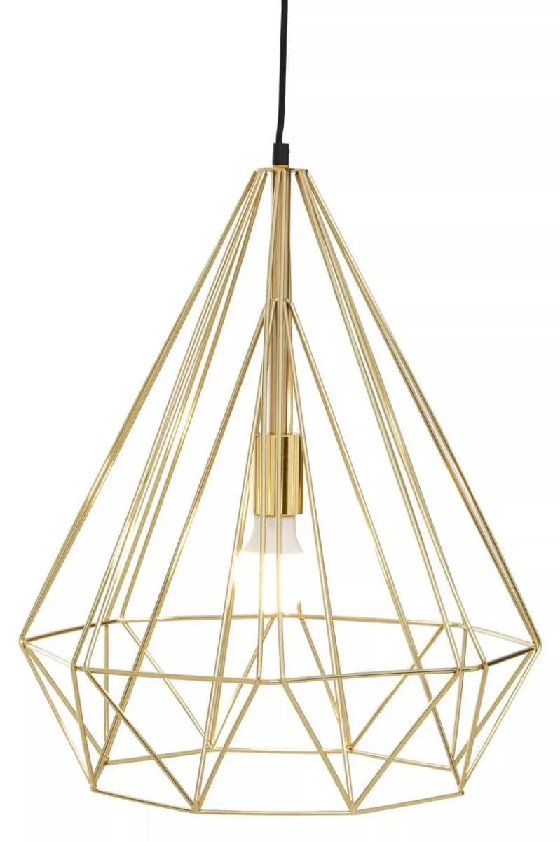 Gold geometric wire pendant light with exposed bulb and black ceiling cord