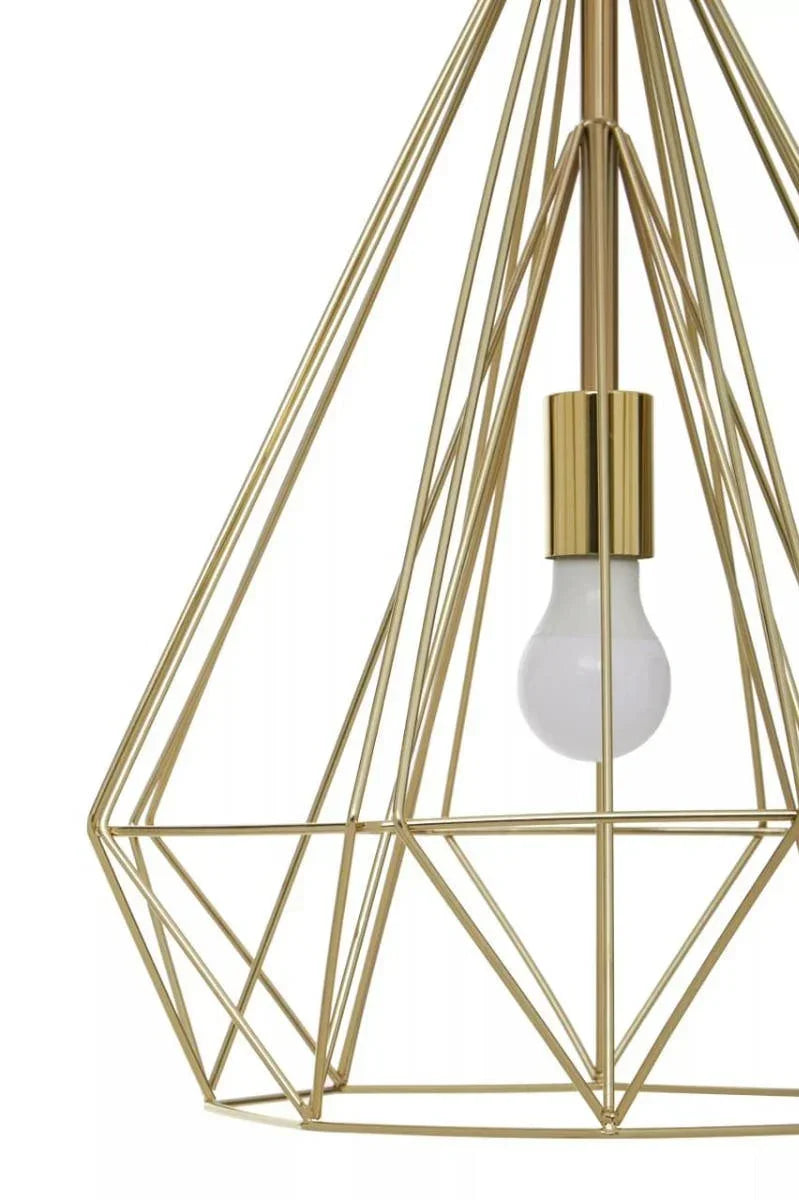 Gold geometric pendant light with exposed bulb and metal wire frame