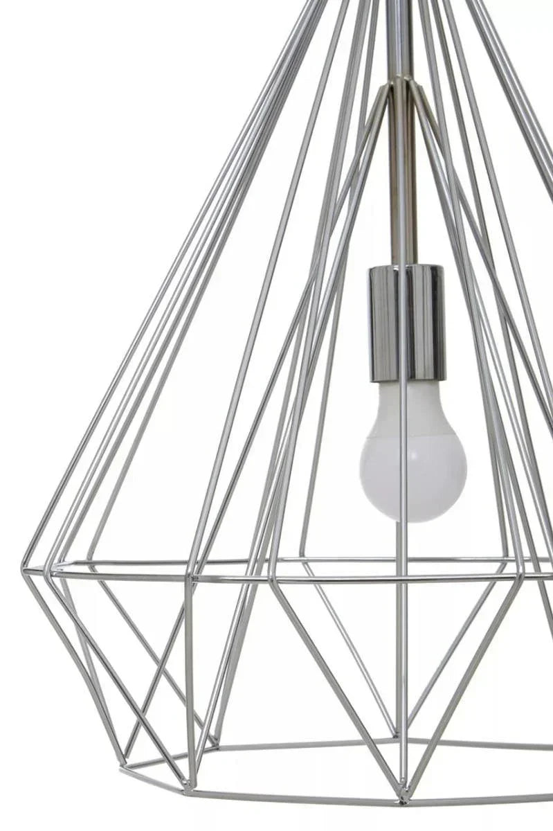Modern metal wire pendant light with exposed bulb and chrome finish, close-up view