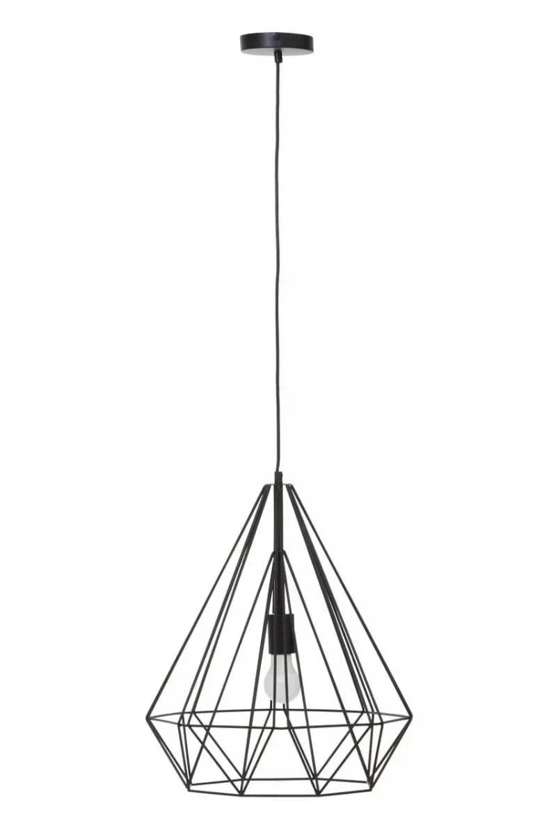 Geometric black metal pendant light with exposed bulb hanging from ceiling