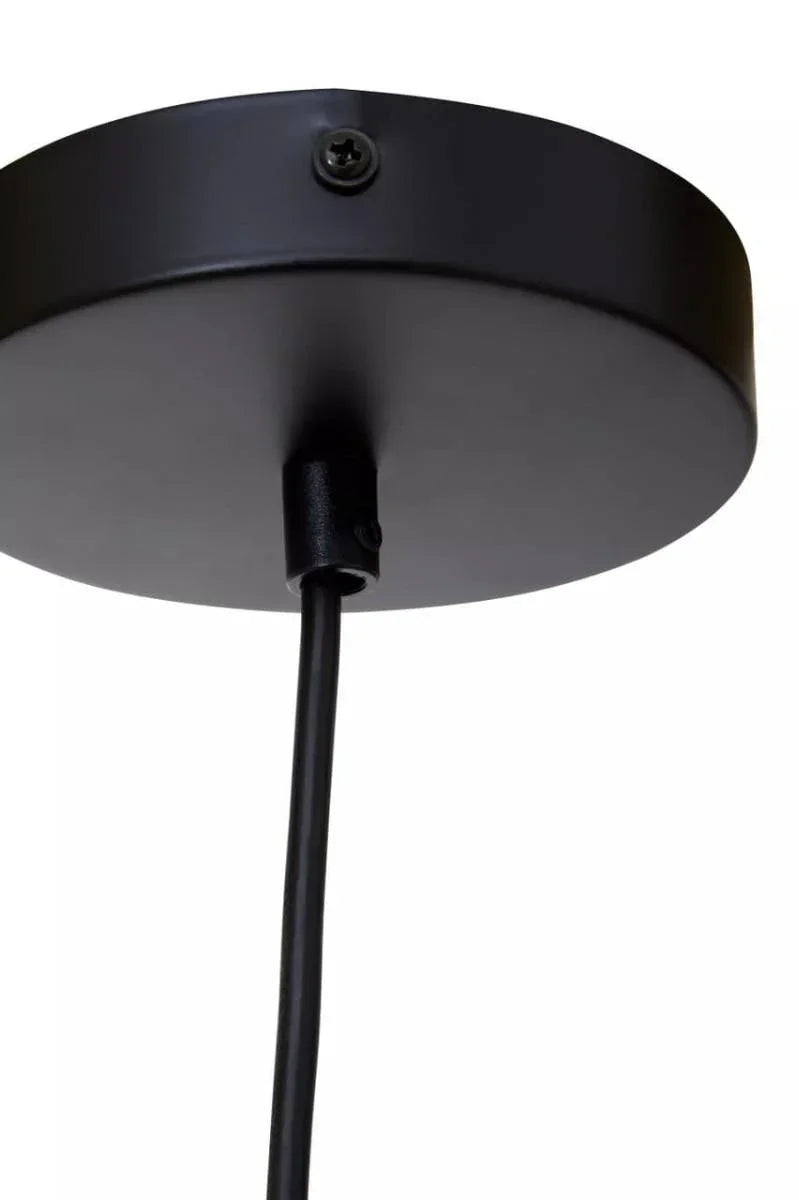 Black metal ceiling rose with cable for pendant light fitting, close-up view