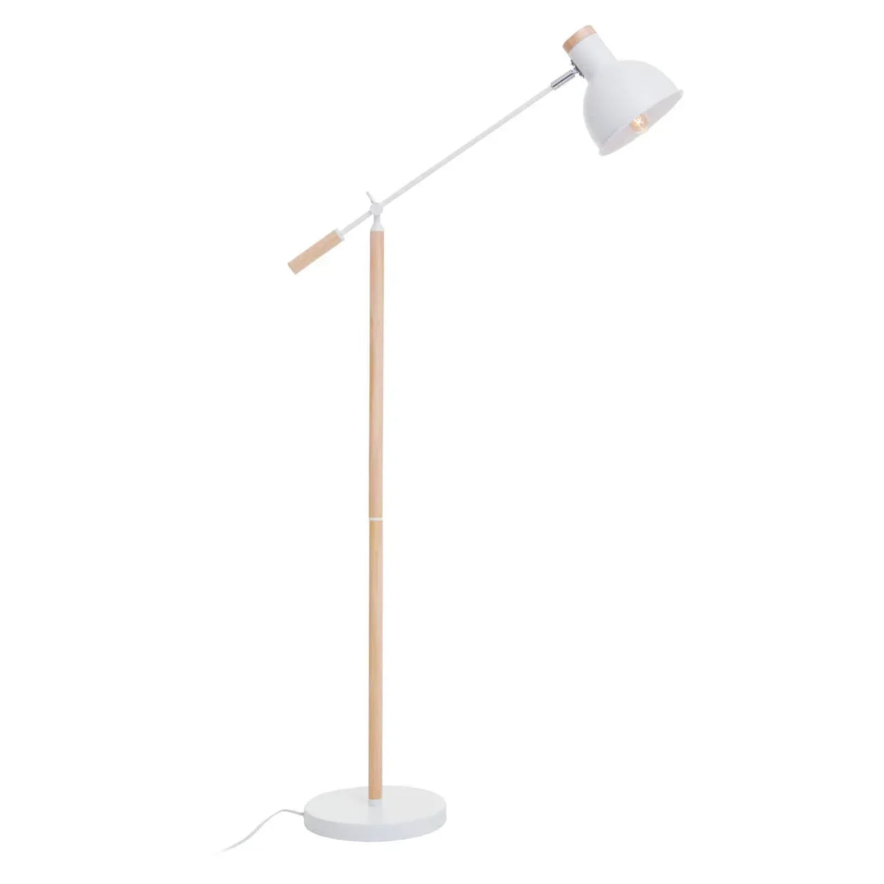 White and wood floor lamp with adjustable arm and dome shade on round base