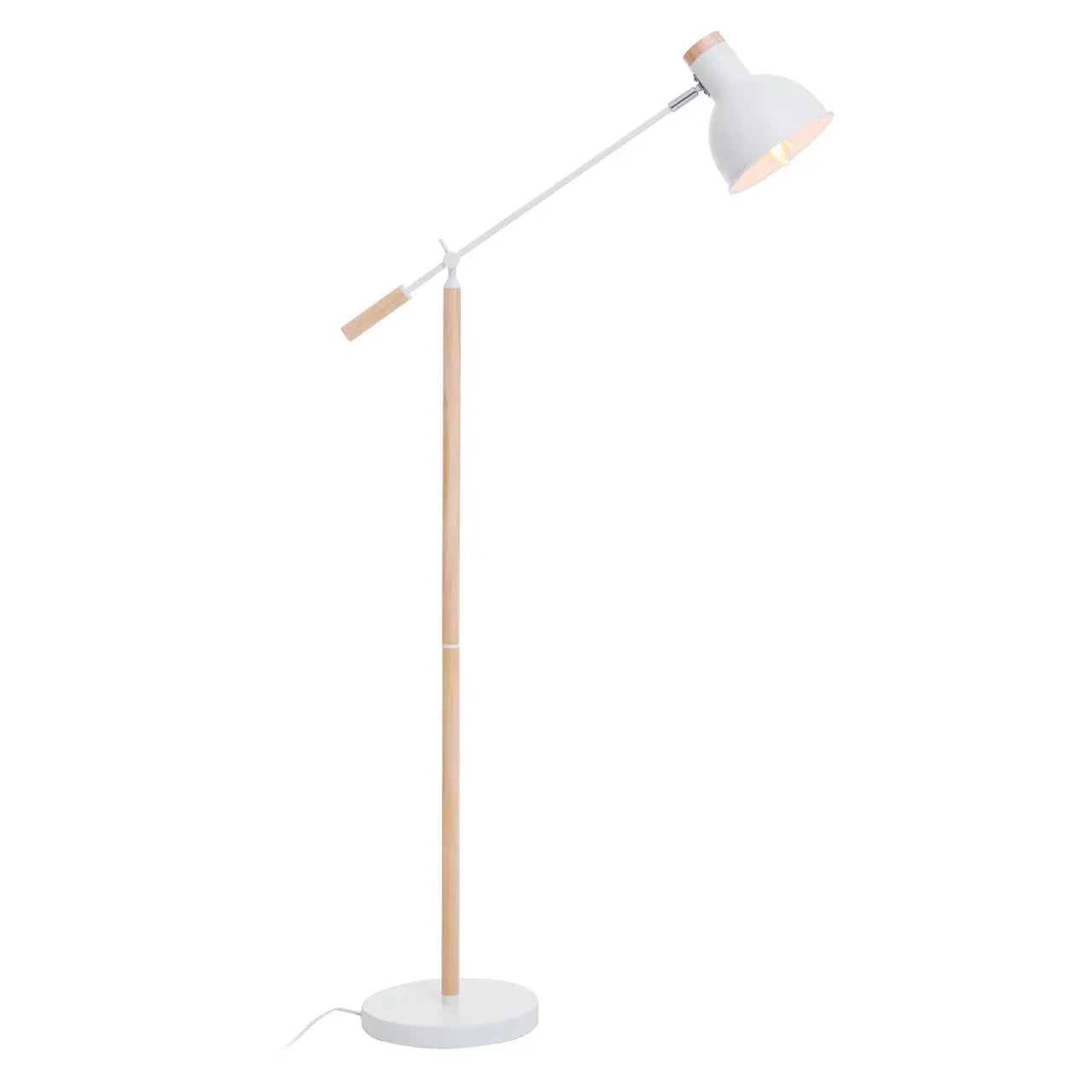 White and wood floor lamp with adjustable arm and round base