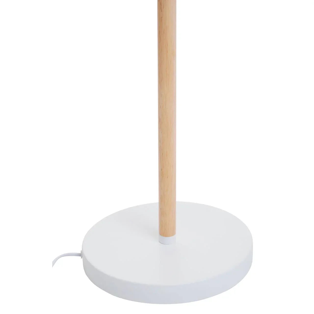 Modern floor lamp with round white base and light wood stem