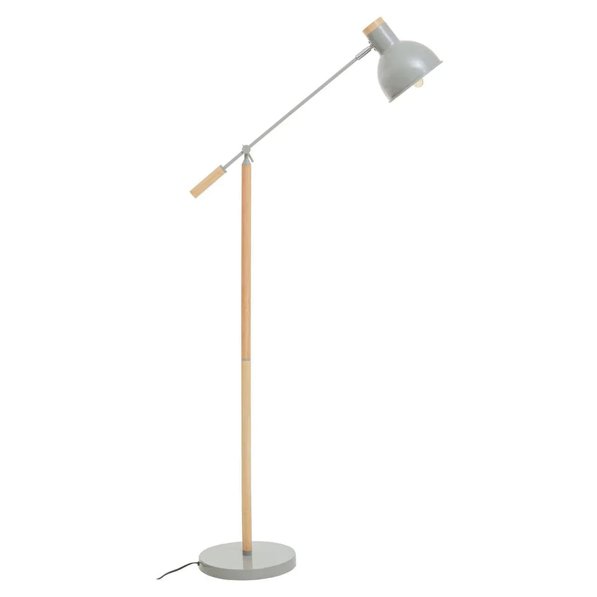 Modern floor lamp with angled grey metal shade and natural wood stand