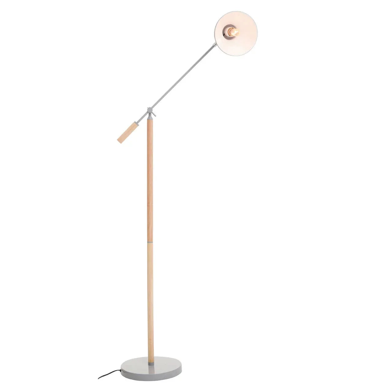 Modern floor lamp with wooden stand, round base and adjustable white disc shade