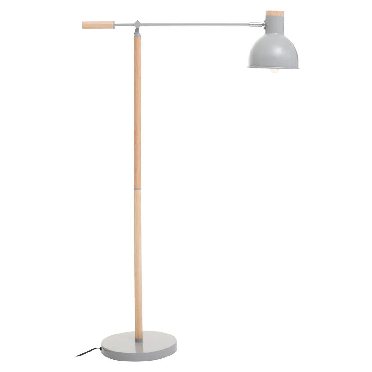 Modern floor lamp with grey metal shade and natural wood stand on round base