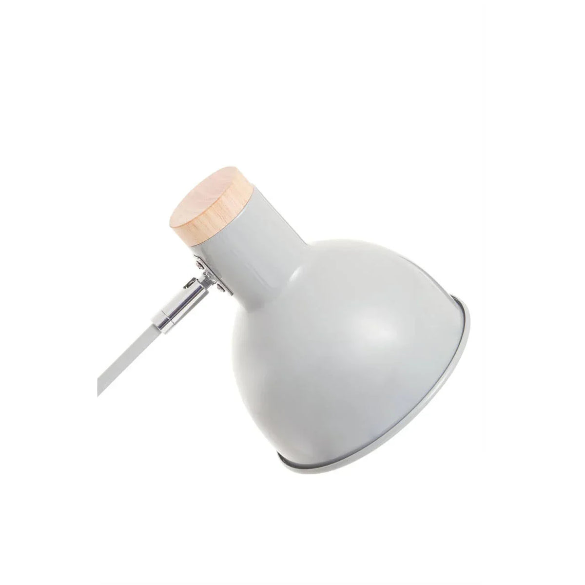 Grey metal desk lamp with wooden accent viewed from side