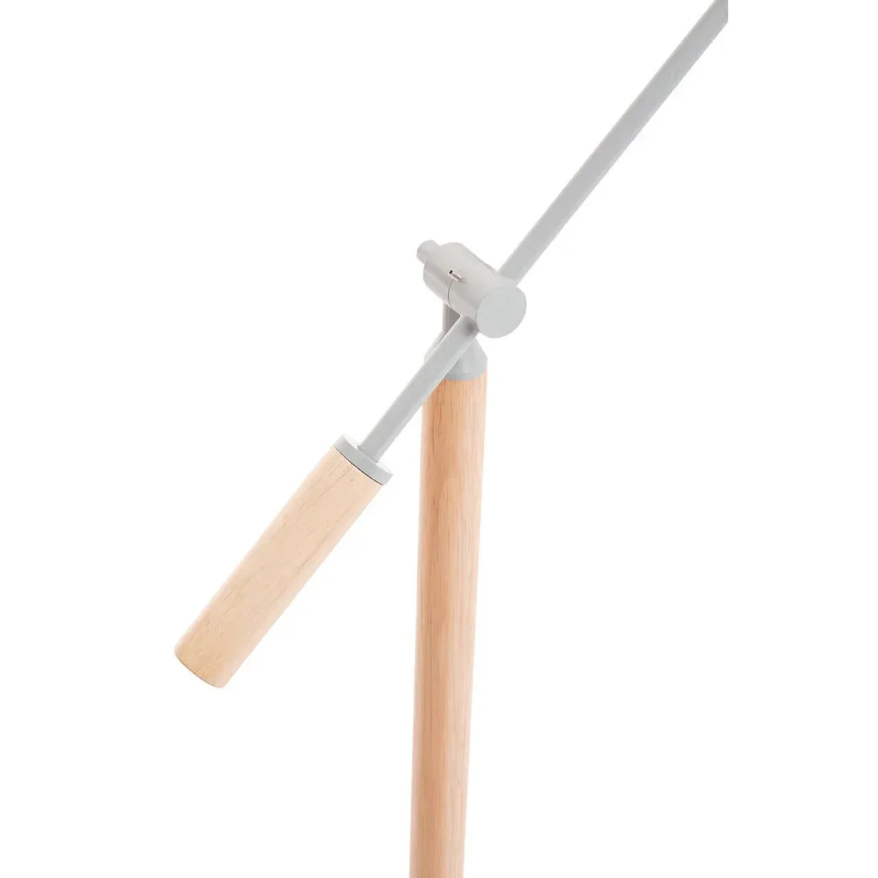 Adjustable wooden floor lamp with natural wood stem and light grey metal arm detail