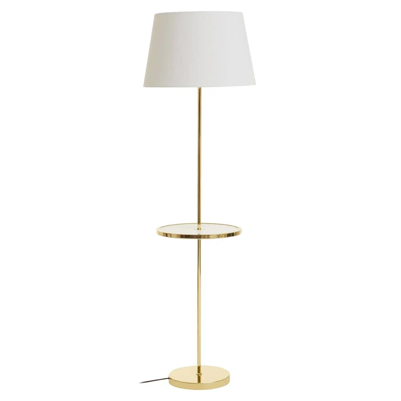 Gold floor lamp with round tray table and white fabric lampshade