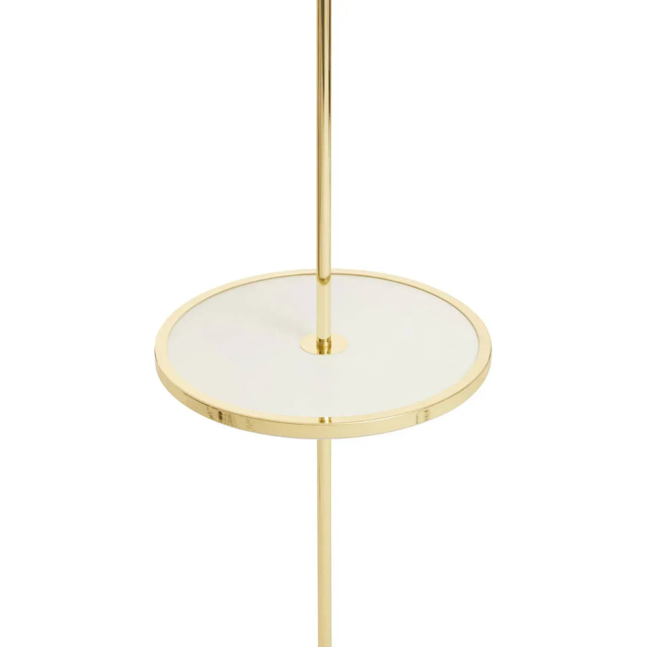Gold floor lamp with round glass shelf, close-up view of frame and surface detail