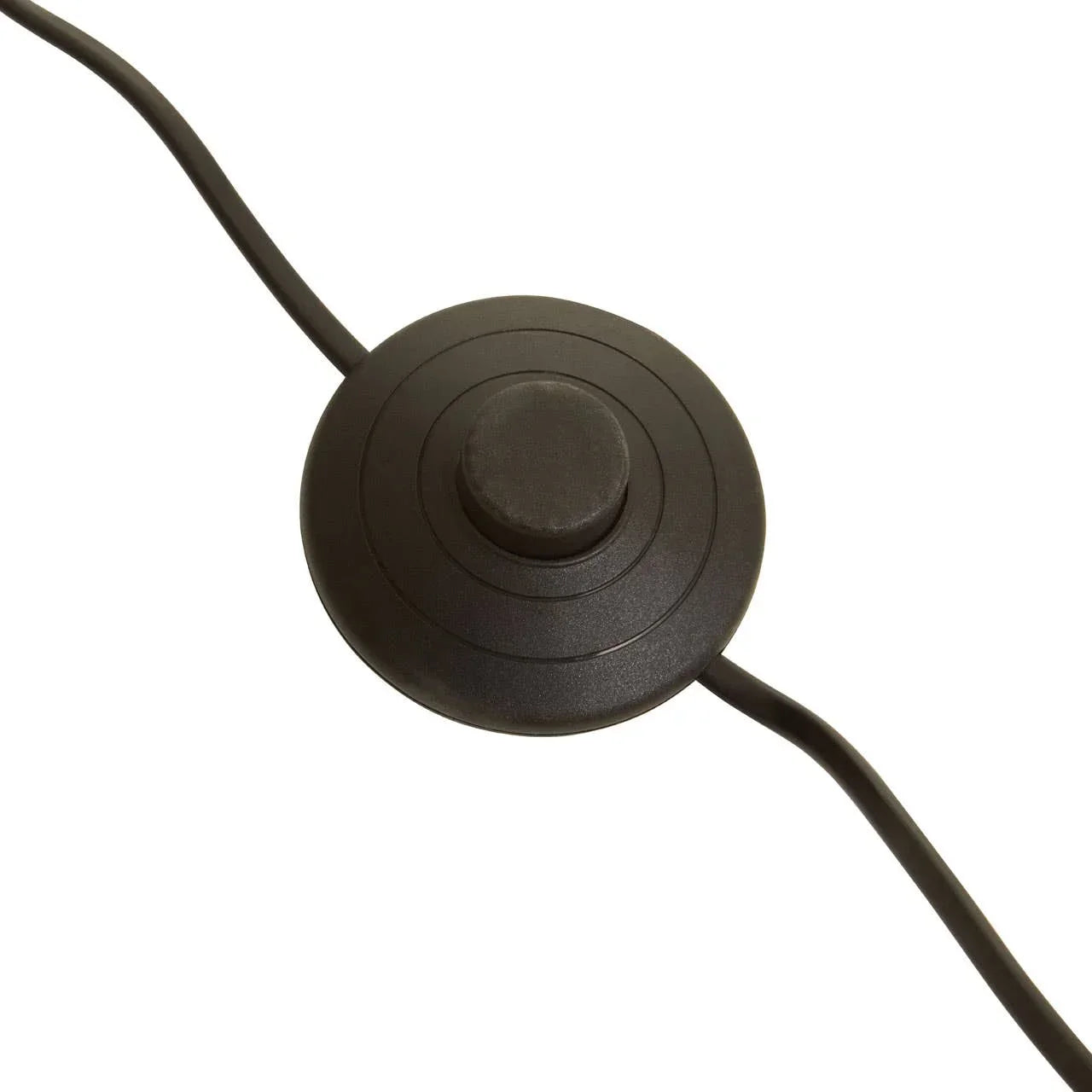Black foot-operated floor lamp switch with round button and cord on white background