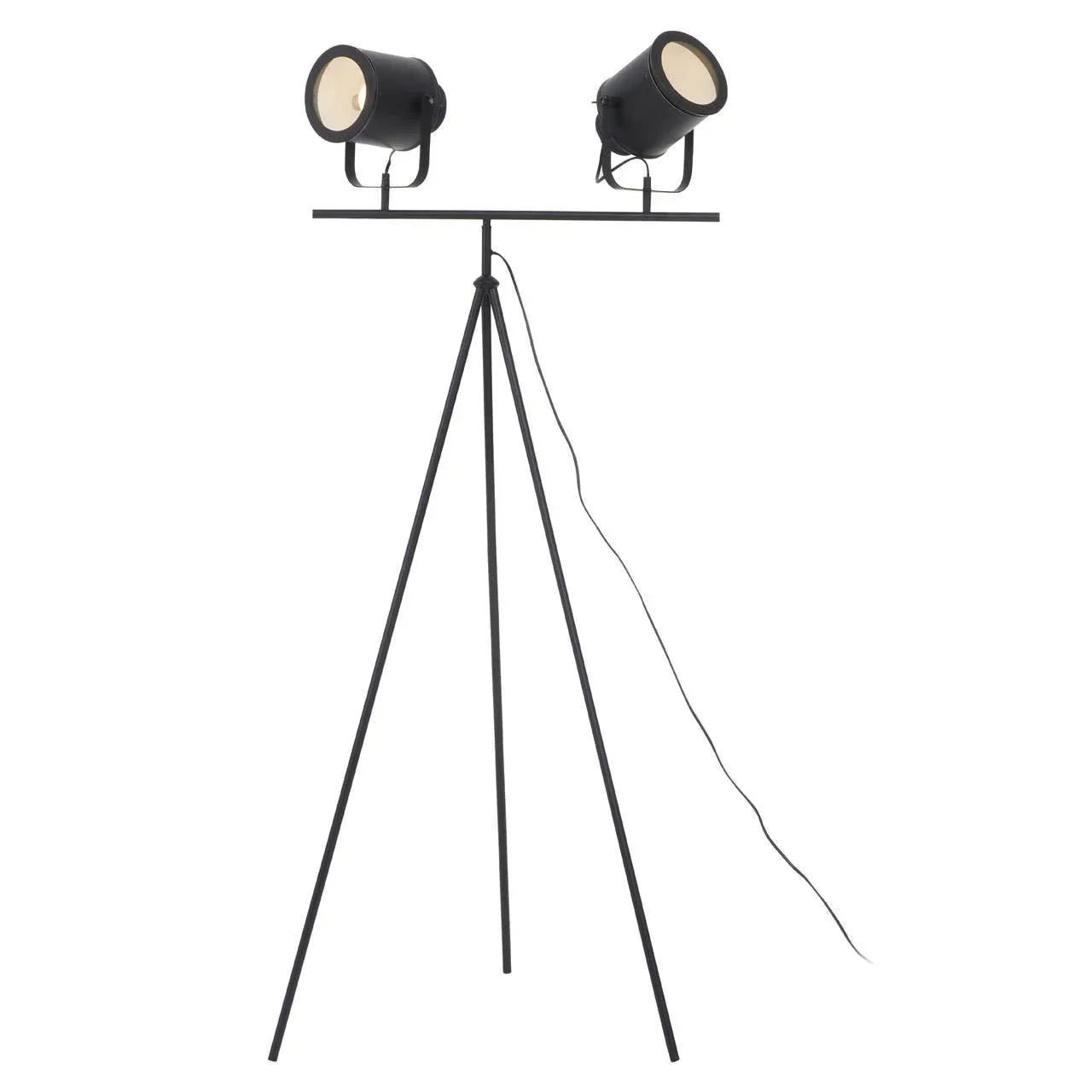Black tripod floor lamp with two adjustable spotlights and minimalist metal frame