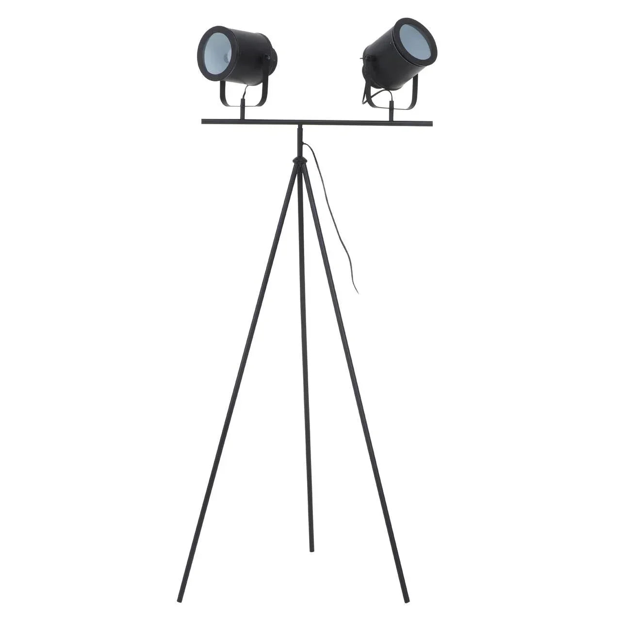 Black tripod floor lamp with dual adjustable spotlights and slim metal frame