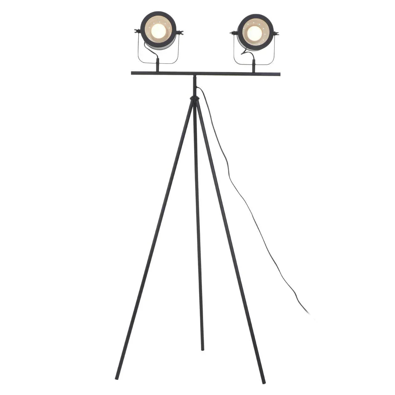 black tripod floor lamp with two round spotlights and visible power cord