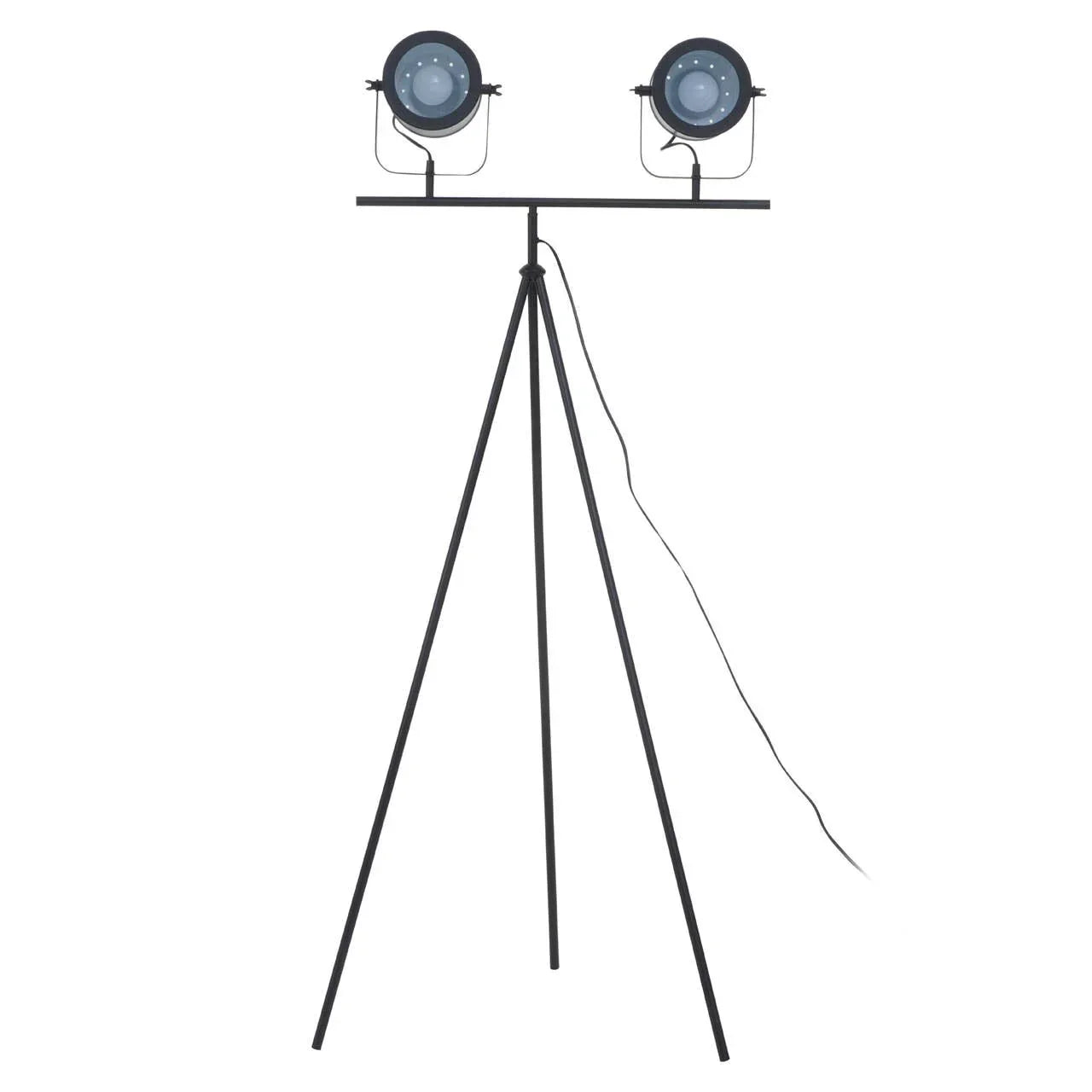 Black metal tripod floor lamp with two adjustable spotlight heads and power cord