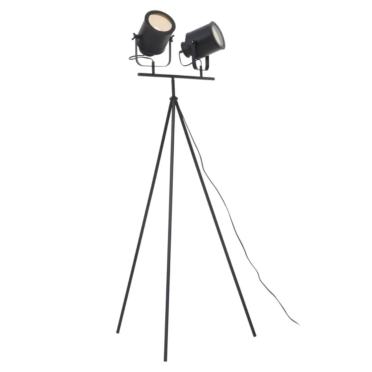 Black tripod floor lamp with twin adjustable spotlights and power cord