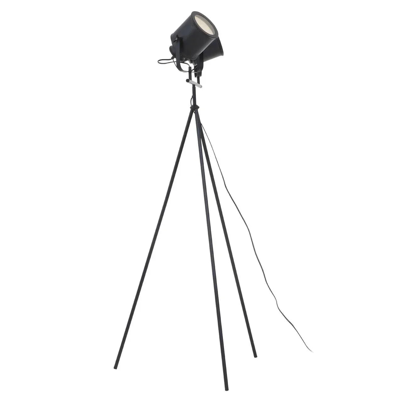 Black tripod floor lamp with adjustable spotlight head and visible power cord