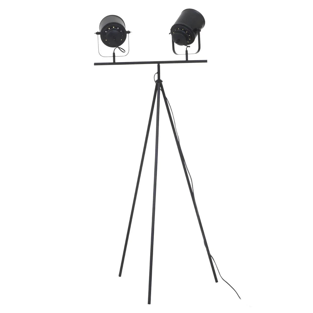 Black tripod floor lamp with dual adjustable spotlight heads and visible power cord