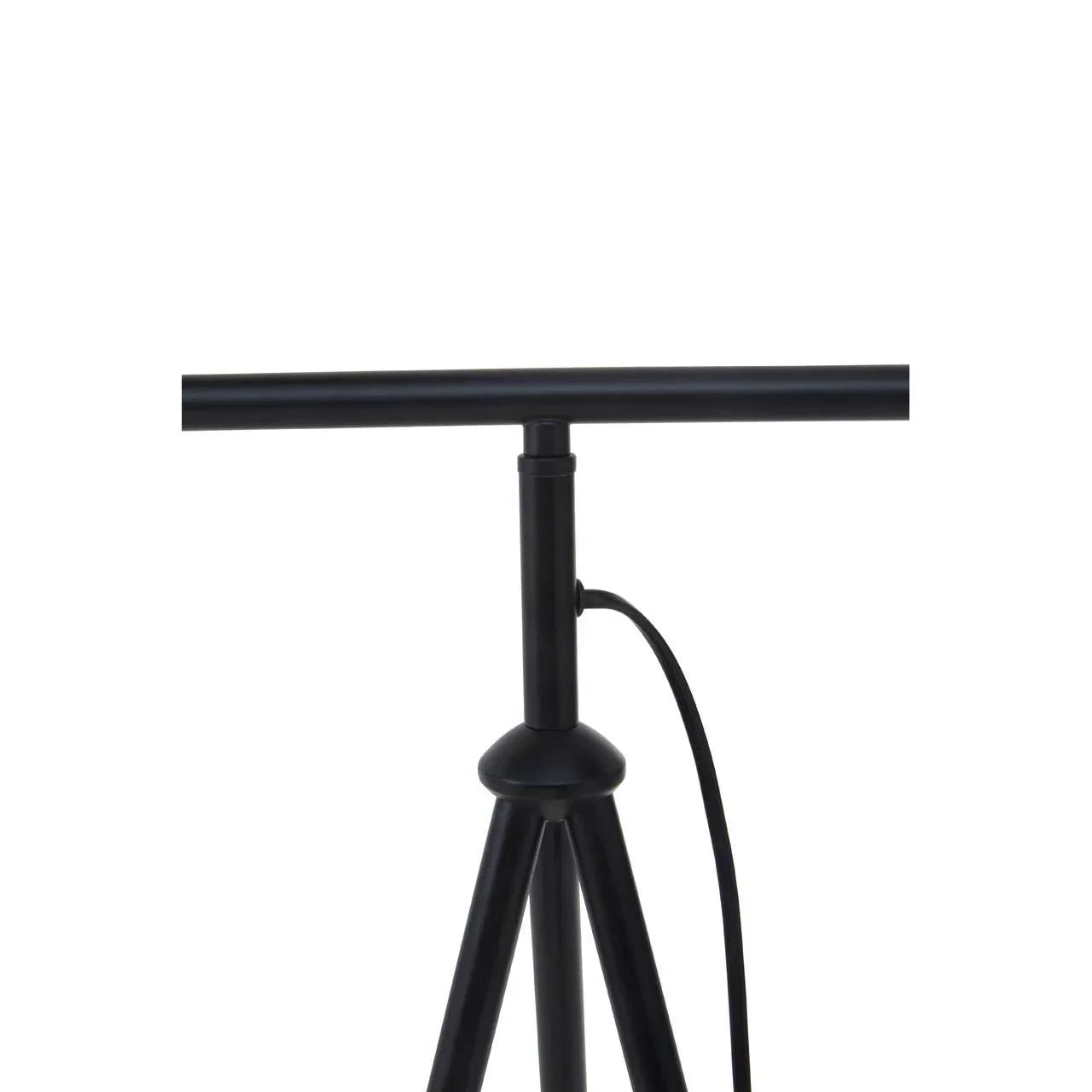 Black metal tripod floor lamp stand with horizontal bar and power cord