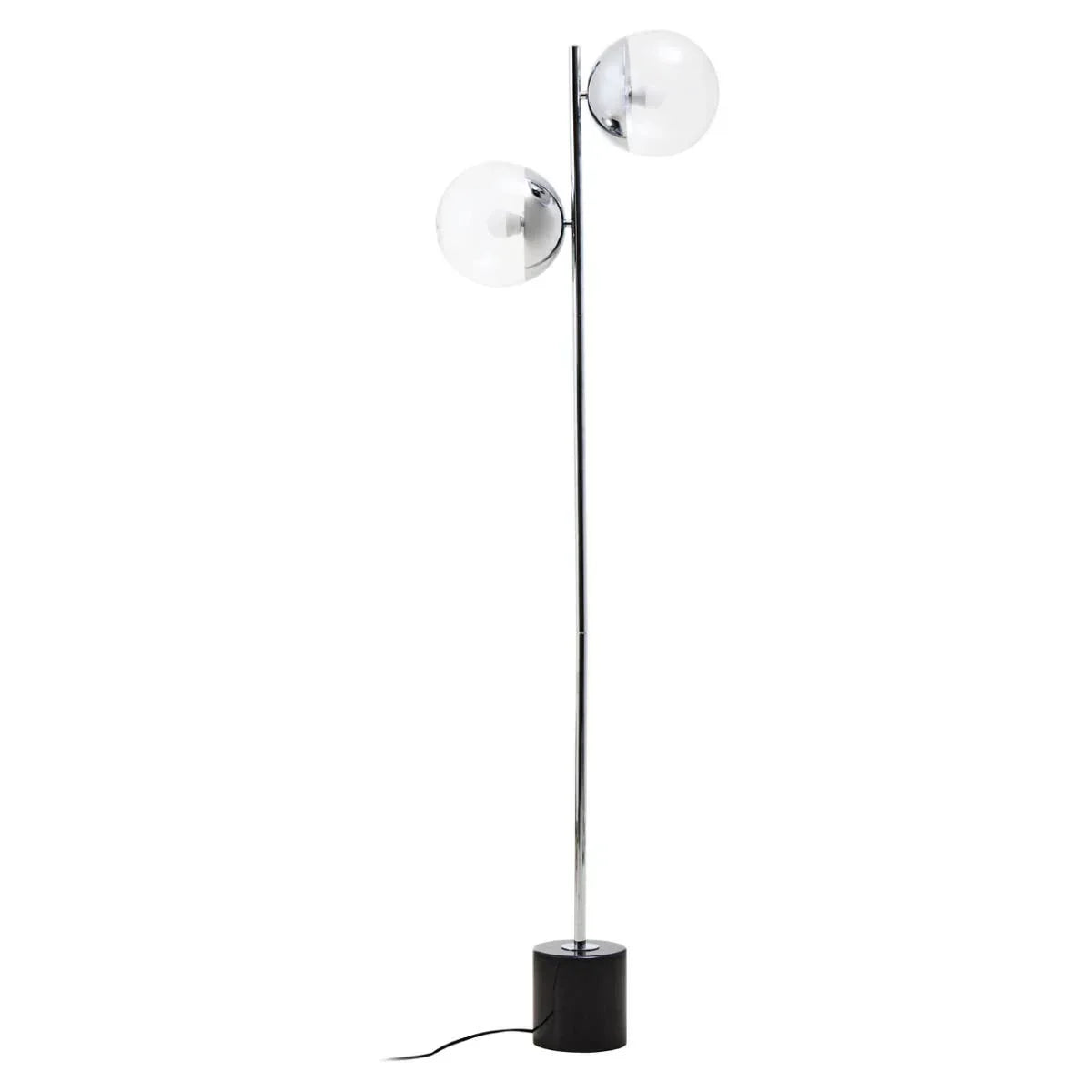 modern floor lamp with chrome pole two glass globe shades and black base