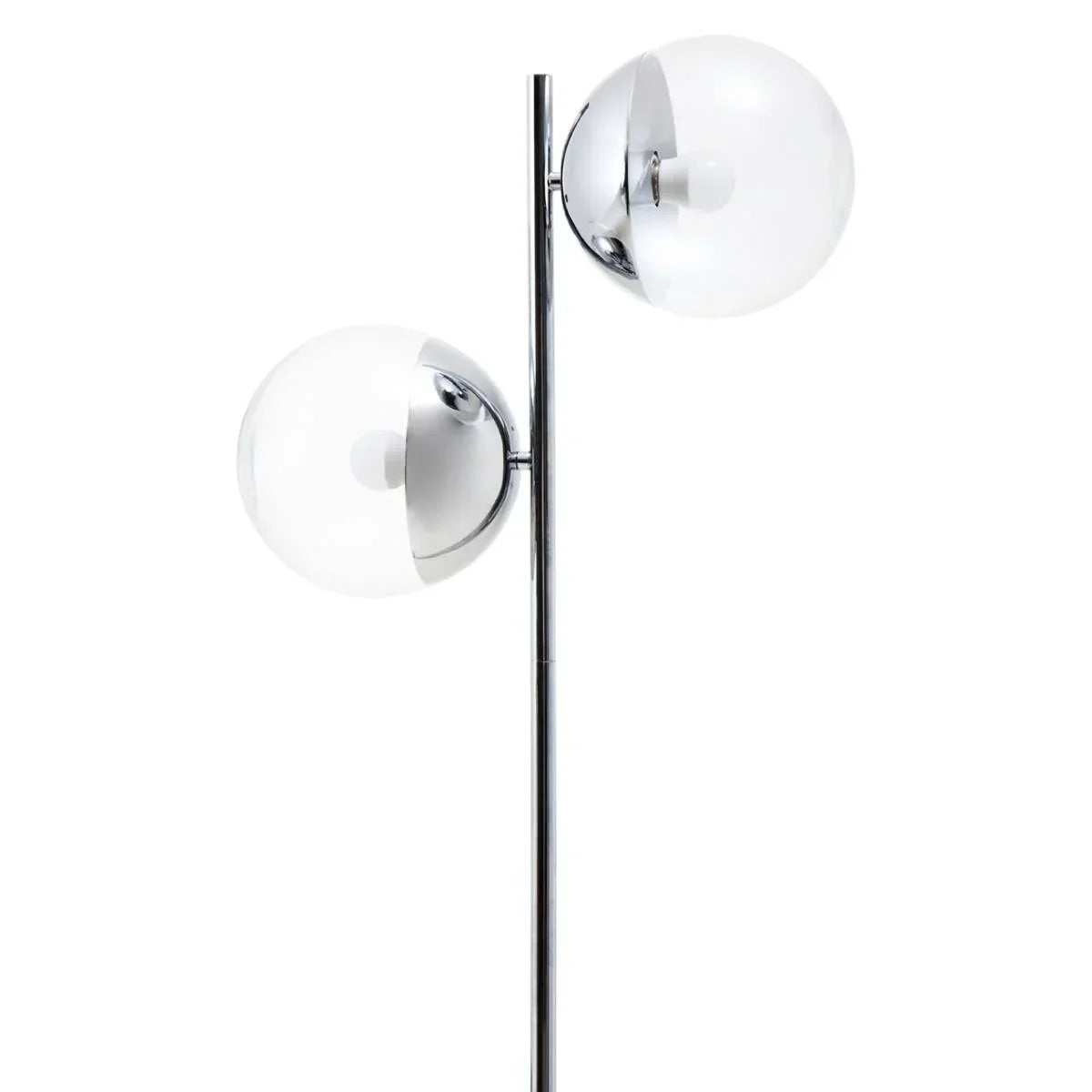 Modern chrome floor lamp with two clear glass globe shades